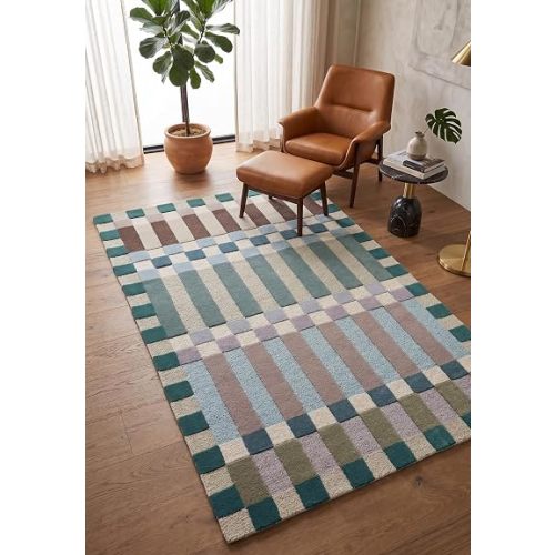Hand-Tufted Wool Plaid Checkered Area Rug – Modern Geometric Color Block Pattern, Soft Plush Carpet with Cotton Backing for Living Room Bedroom Dining Room Nursery (Blue, 5' x 8')