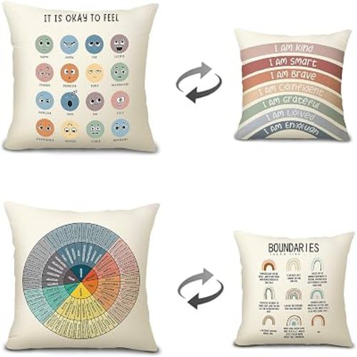Feelings Wheel Pillow Double-Sided Printed with Different Patterns of Feelings Wheel Pillowcase, Reading Corner Decor, Counseling Office Decor18 x18 (2, Yellow Smile)