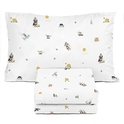 Sunny Side Up Kids Sheet Set with Fitted, Flat Sheets & Pillow Cover - Ultra-Soft Bedding with Pillowcase for Room Decor, White - The Mandalorian, 3 Piece Twin