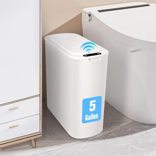 Cesun Motion Sensor Trash Can, 5 Gallon Automatic Bathroom Garbage Can with Lid, Touchless Smart Plastic Slim Wastebasket for Bathroom, Office, rv, Bedroom, Living Room, White