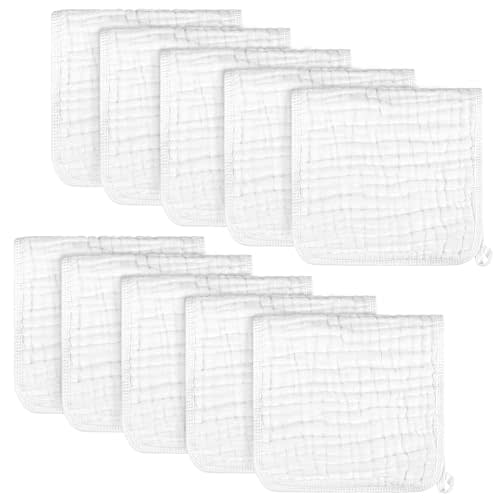 AIDEA Burp Cloths and Washcloths for Baby, Absorbent Cotton Muslin Baby Towels, Large Soft Breathable Newborn Essentials for Boys and Girls, Newborn Essentials, White, 10 Pack, 20"x10"