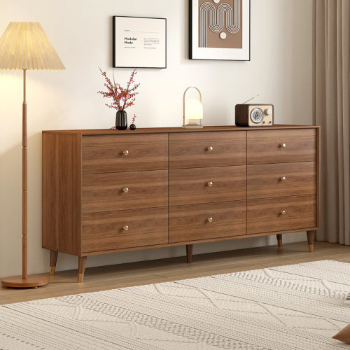 Latitude Run® 9 Drawer Dresser For Bedroom, 63 Inch Dresser for Closet with Walnut Frame, Modern Wood Chest of Drawers with Natural Texture & Pre-Embedded Slots For TV Stand, Living Room, Hallway, Office | Wayfair