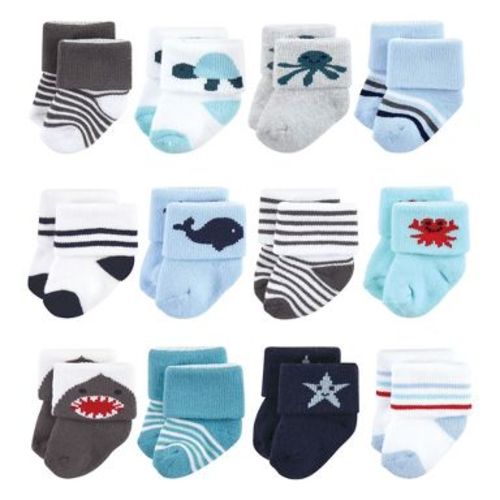 Hudson Baby Infant Boys Cotton Rich Newborn and Terry Socks, Sea Creatures 12Pk, 0-6 Months