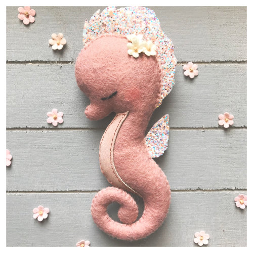 Seahorse. Hanging decoration for nursery. Under the sea theme. Mermaid party. Pink felt sea creature. New baby girl gift. Ocean ornament.