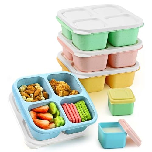 Caperci Lunchable Snack Containers - 4 Compartments Bento Snack Boxes (4 Pack) with 2 Leakproof Sauce Cups, Reusable Divided Food Containers for School, Work, Travel (Vintage Colors)