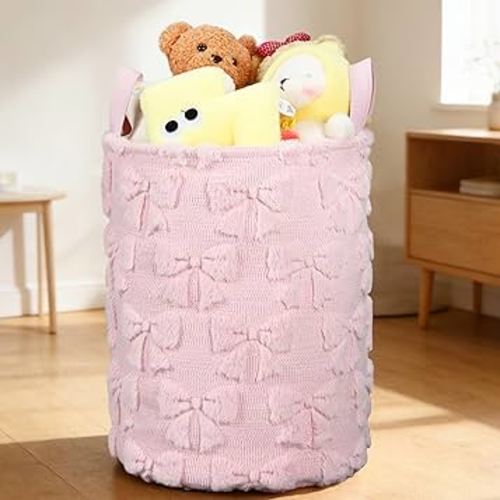 Pink Bow Laundry Hamper 18 x 14 Inch Fluffy Plush Pink Coquette Bow Laundry Basket for Girls Nursery Hamper Foldable Storage Bin with Handle for Home Clothes Organization