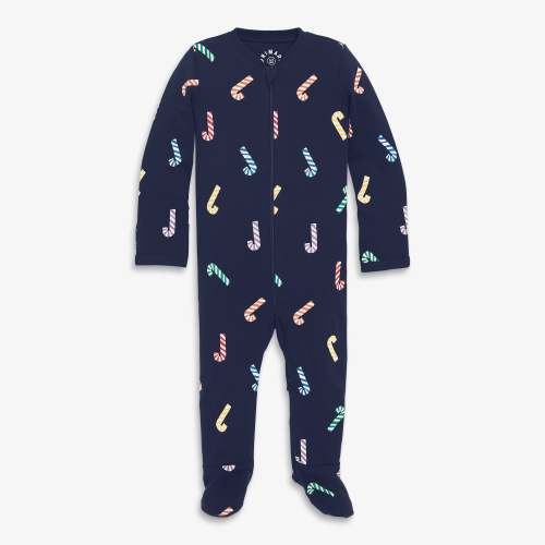 The baby organic zip footie - Navy rainbow candy canes / 0-3