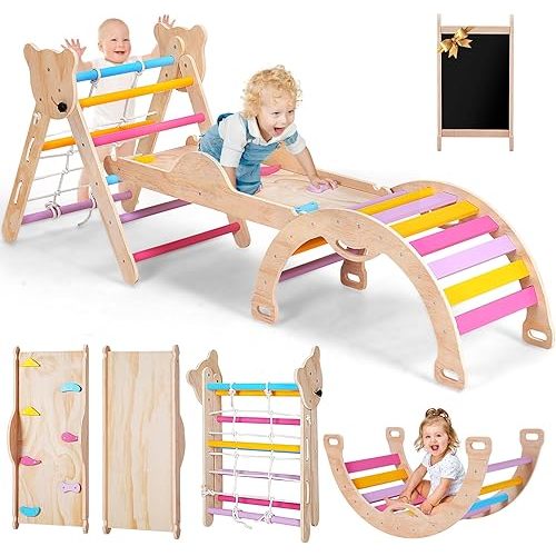 8 in 1 Pikler Triangle Set for Toddler, Foldable Wooden Montessori Climbing Toys with Sliding, Seesaw & Climbing Arch, Indoor Outdoor Playground Jungle Gym for Baby, Kids (Rainbow)