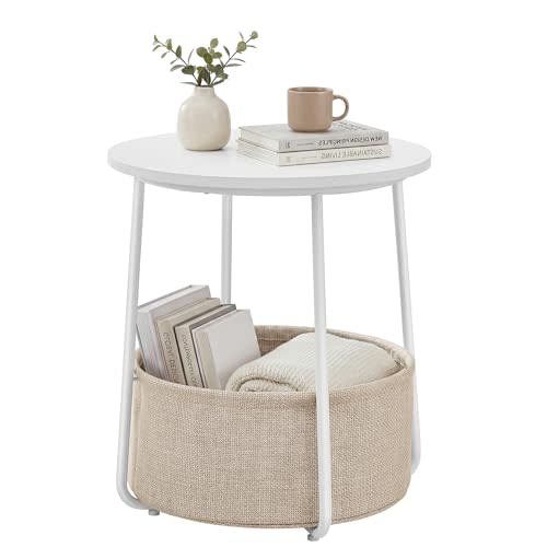 SONGMICS HOME Small Side Table, Round End Table, 2 Tier Nightstand with Basket, U Shaped Steel Legs, Easy Assembly, for Living Room, Bedroom, White and Brown