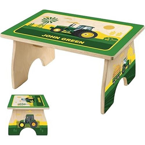 Tractor Step Stool for Toddlers- Personalized Wood Kids Step Stool with Name for Kitchen Sink, Bathroom, Potty Training, Toilet, Kitchen Sink- Sturdy and Safe- Made in USA by BloomOwl (Tractor)