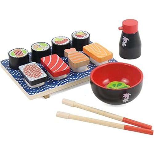 Sushi Slicing Play Food Set, Wooden Pretend Play Kitchen Toys for Kids 3+, Sushi Food Play Learning Toy for Girls Boys
