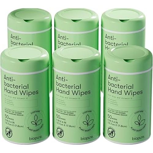 Biopure Antibacterial Hand Wipes Fresh Morning Breeze- Antibacterial Wipes with Aloe and Vitamin E Formula | 5"x7" Wet Wipes Canister | No Parabens, Sulfates or Phthalates, Kills 99% of Germs, 300 ct
