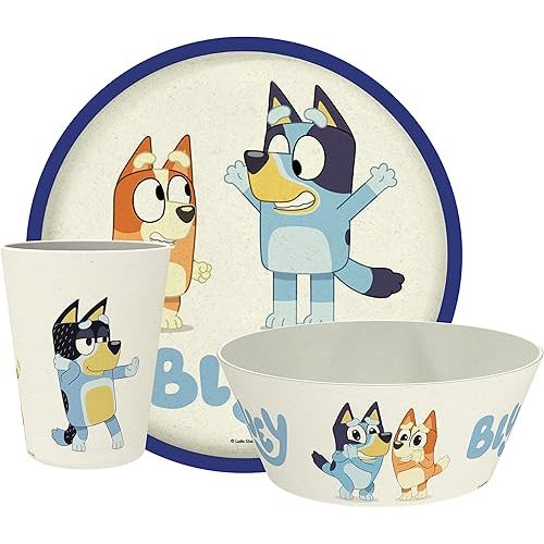 Zak Designs Bluey Kids Dinnerware Set 3 Pieces, Durable and Sustainable Melamine Bamboo Plate, Bowl, and Tumbler are Perfect For Dinner Time With Family (Bluey, Bingo, Bandit, Chilli)