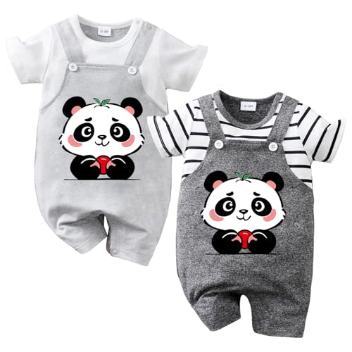 Baby Boy Girl Romper 2 Pack Cute Panda Print Fake 2 Piece Summer Outfit Soft Infant Jumpsuit 0-18 Months