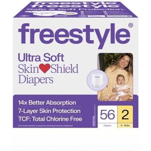 Free~Style Hypoallergenic Baby Diapers, Size 2 (9–18 lbs), Total Chlorine Free, Super Absorbent Leak Protection, Soft Breathable Design, 56 Count