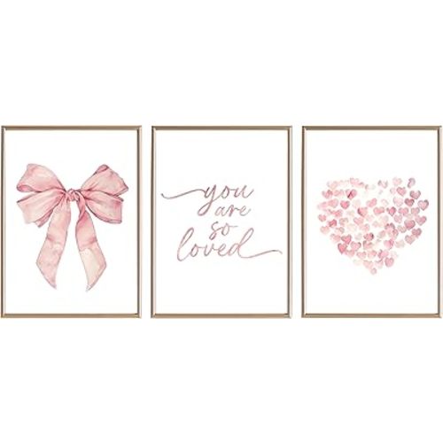 3Pcs Girly Wall Art, Bow Posters, Preppy Teen Girl Decor, Inspirational Verses Love Printing Artwork, Pink Bow Wall Art Prints for Teen Girls Bedroom Nursery Home Decoration, unframe 12×16''