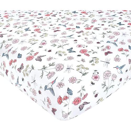 Hudson Baby Unisex Baby Cotton Fitted Crib Sheet, Hummingbird Garden, One Size
