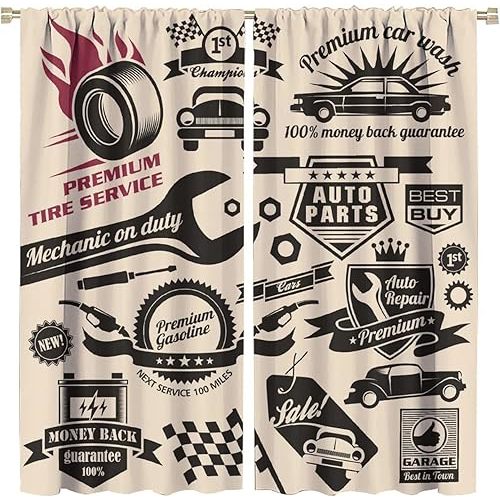 Retro Blackout Curtains Window, Car Repair Shop Logos Monochrome Car Silhouettes Best Garage in Town, for Living Room Bedroom 42x45in 2 Panels