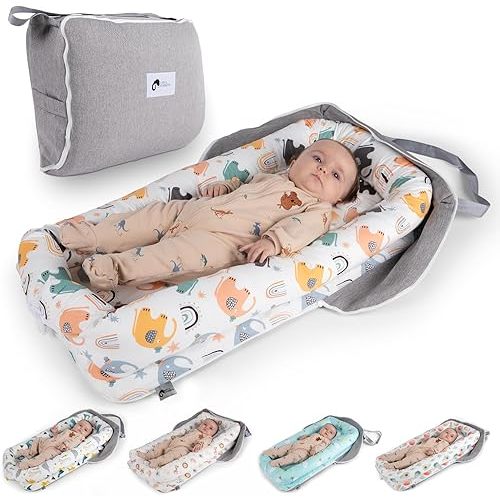 Joyful Journeys Baby Lounger Diaper Bag - Portable Baby Lounger Nest | Versatile Infant Lounger Bag & Diaper Organizer | Cozy Baby Lounger Nest for Convenience | Baby Shower Gifts (Neutral Elephants)