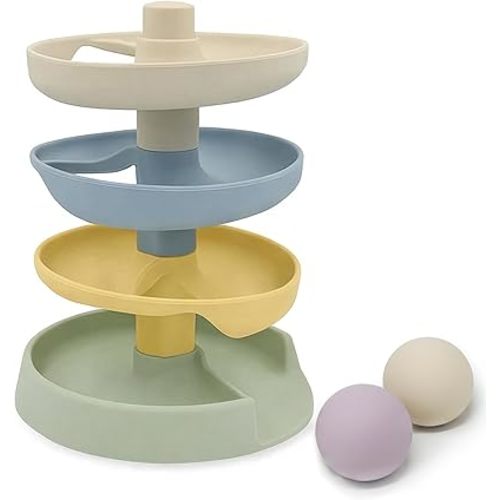 Little Rawr Silicone Ball Drop Tower Toy for Toddlers, 4-Tier Rolling Ramp Track with Wooden Balls, Soft Food-Grade Silicone Montessori Toy for Early Learning, Fine Motor Skill Development, Ages 1–3