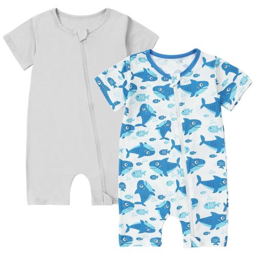 MICHLEY Baby Bamboo Viscose Short Sleeve Summer Romper 2 Pack, Unisex Newborn Zipper Bodysuit Toddler Clothes 0-24M