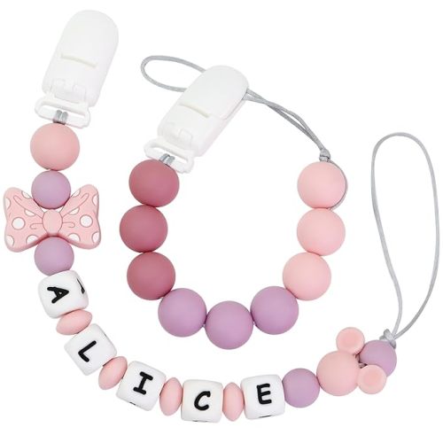 Personalized Pacifier Clip with Name, Customizable Pacifier Clip (2 Pack) (Mouse-Pink)