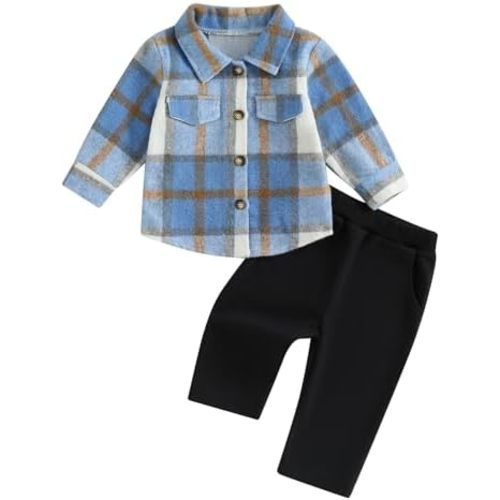 Toddler Boys Fall Outfits Plaid Flannel Baby Boy Jacket Button Down Shirts Pants 2Pcs Festival Clothes Set