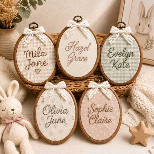 Personalized Baby Name Sign Embroidery Hoop, Floral Nursery Wall Decor With Custom Name, Fabric Background, Lace Bow Baby Girl Keepsake