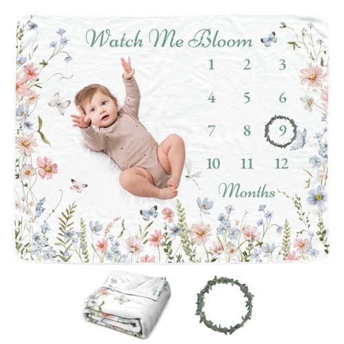 Wildflower Baby Monthly Blanket for Boys, Boho Newborn Age Blanket, Soft Flannel Photography Background Prop, Floral