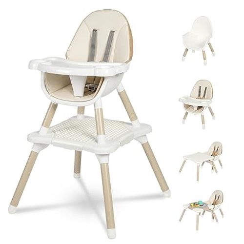 Gofirst 6 in 1 Baby High Chair,Convertible High Chairs for Babies and Toddlers/Booster Seat/Table and Chair Set,Babies Feeding Chair/5-Point Harness,4-Position Removable Tray&PU Cushion Baby Highchair