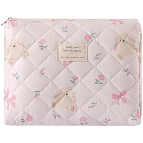 uekeboag Quilted Cotton Makeup Bag, Floral Coquette Pouch(Rabbit and Bow)