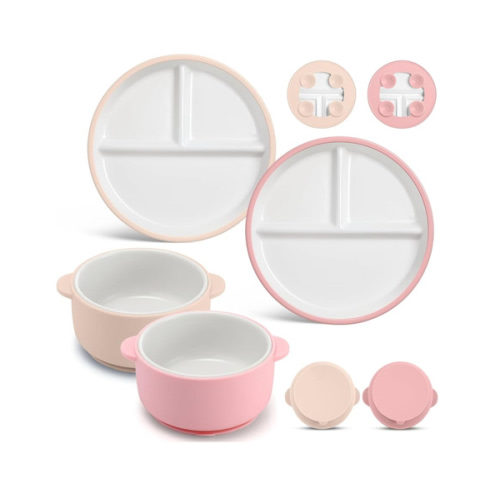 Domensi 4 Pcs Porcelain Kids Plates and Bowls Sets with Suction, 2 Ceramic Toddler Divided Plates 2 Baby Anti Slip Silicone Sleeve Bowls for Feeding Supplies Microwave Dishwasher Safe (Pink,Beige)