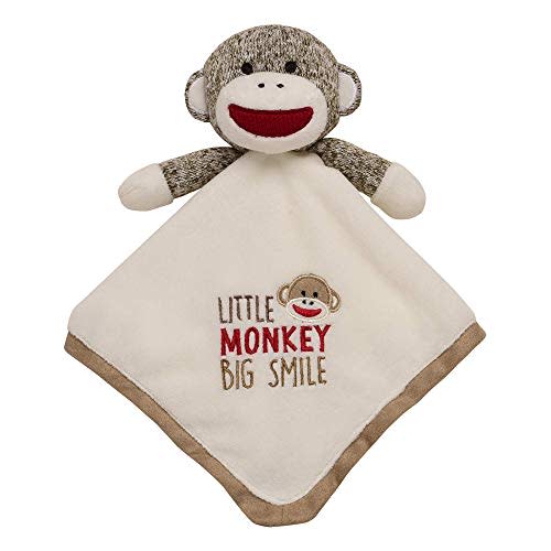 Baby Starters Plush 14 inch Snuggle Buddy with Embroidery and Satin, Sock Monkey Blanket and Toy, Tan