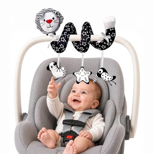LiKee Spiral Car Seat Toys for Babies 0-6 Months, Black High Contrast Plush Hanging Baby Stroller Toys, Crib & Carseat Sensory Activity for Newborn, Ages 0+ Years 6-12 Month Infants Boy Girl Gifts