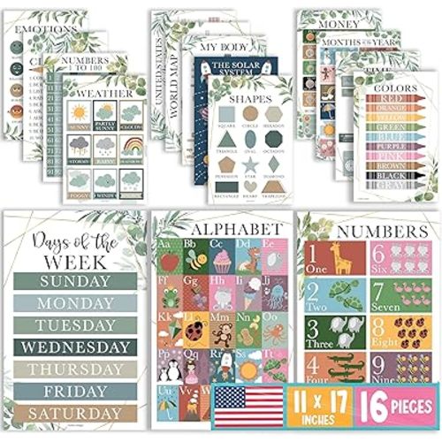 Hadley Designs 16 Educational Posters for Toddlers 1-3, Laminated Toddler Learning Posters for Preschool & Kindergarten, ABC Chart, Numbers, Colors, Shapes, Days of The Week, Greenery Classroom Decor