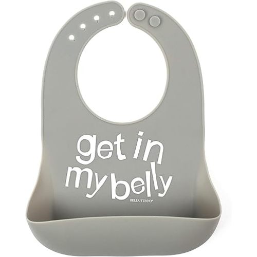 Baby Bib for Eating by Bella Tunno, Waterproof Silicone Bib with Large Food Catcher, Adjustable Fit for Babies 4-12 months & Toddlers 1-3 Years, Boys & Girls, Get In My Belly