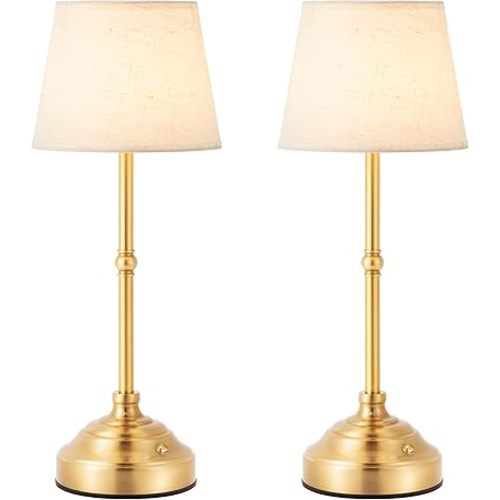 2 Pack Cordless Table Lamp, Rechargeable Desk Lamp with Fabric Shade, Battery Operated Lamp 3 Color Stepless Dimming, Small Touch Bedside Lamp Home Decor for Dining, Counter (Brushed Gold)