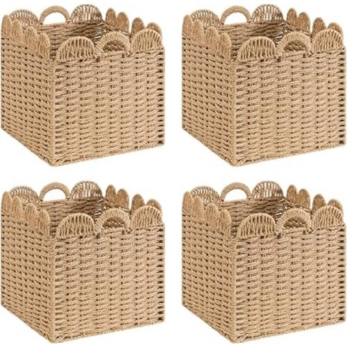 Set of 4 Scalloped Wicker Storage Cubes Basket,12"x12"x12" Heavy Duty Paper rope Baskets for Shelves,Bathroom, Bedroom, Laundry, Pantry (Khaki&12 x 12 x 12in&4-Pack)
