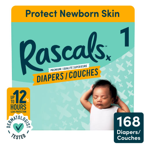 Rascals Premium Absorbent Baby Diapers, Size 1, Carton, 168 Count - Walmart.ca