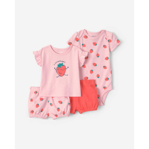Baby Girl 4-Piece Strawberry Top & Short Set - Pink | Carter's