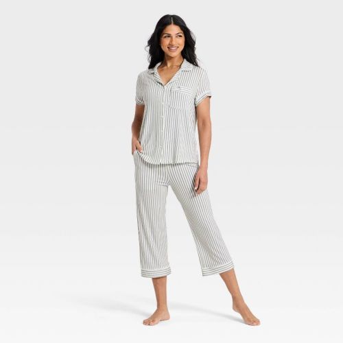 Women's Cloud Knit Short Sleeve Notch Collar Shirt and Shorts Pajama Set - Auden™ Olive Striped M