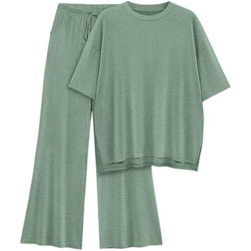 Womens Lounge Set 2026 Summer 2 Piece Outfits Oversized Short Sleeve Tops & Wide Leg Pant Matching Sets Clothing
