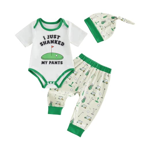 Lamuusaa Newborn Baby Boy Golf Outfit Short Sleeve Letter Print Romper Golf Car Long Pants Hat Summer Clothes 0-18M