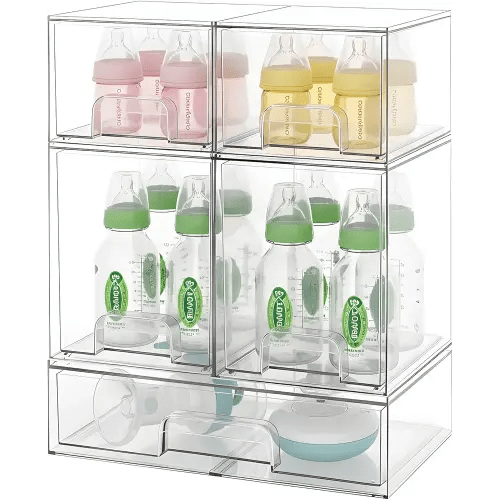 Baby Bottle Organizer Stackable, Acrylic Storage Drawers 5 pack with Non-Slip Pads, Pull-Out Drawers for Baby Bottle, Pump Parts, Pantry, Vanity Countertop (4.4" and 7.6" Tall and 12.1" Wide)