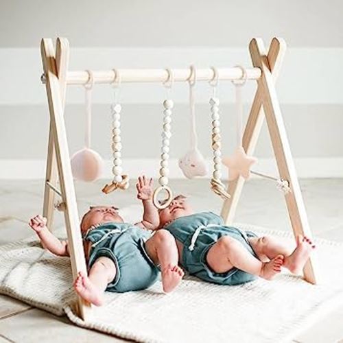 funny supply Wooden Baby Gym with 6 Gym Toys Foldable Baby Play Gym Frame Activity Center Hanging Bar Newborn Gift