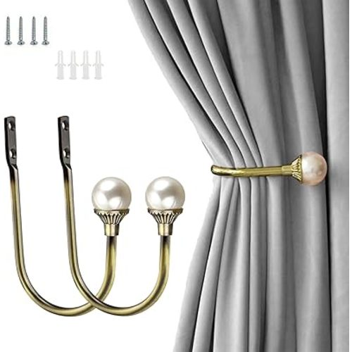 COCIVIVRE 2 Pack Curtain Holdbacks Wall Mounted Curtain Tiebacks Hooks Plastic Pearl U Shape Curtain Tiebacks with Screws Curtain Ties for Home Office-Antique Brass