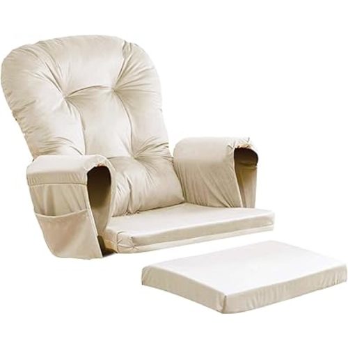 5PCS Glider Rocker Replacement Cushions Thick Soft Velvet Glider Cushions Replacement Set with Ottoman Cushion and Storage Pockets for Nursery Wooden Rocking Chair, Beige