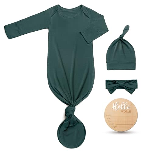 Hello World Newborn Outfit Knotted Gown 0-3 Months, Baby Girl Boy Coming Home Sleeper with Sign