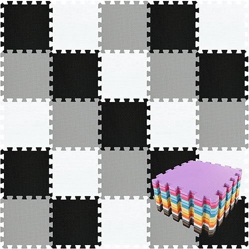 qqpp EVA Rubber 18 Tiles Interlocking Puzzle Foam Floor Mats - Baby Play Mat for Playing | Exercise Mat for Home Workout. White, Black, Gray. QC-ADLb18N