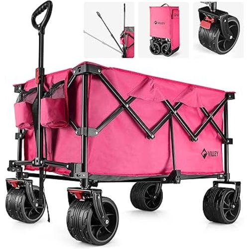 VILLEY Collapsible Folding Wagon with Big Wheels, Enlarged 225lbs Capacity, All Terrain Wagons Carts Heavy Duty Foldable, Portable Utility Garden Cart with 2 Cup Holders and Brake, Pink